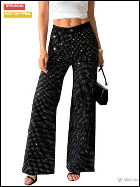Rhinestone High Waist Wide Leg Flare Stretch Jeans